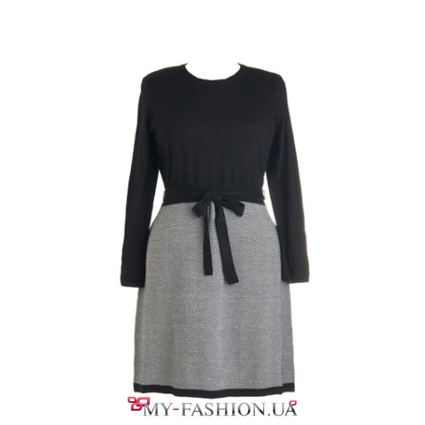 Чёрно-белое офисное платье с длинным рукавом