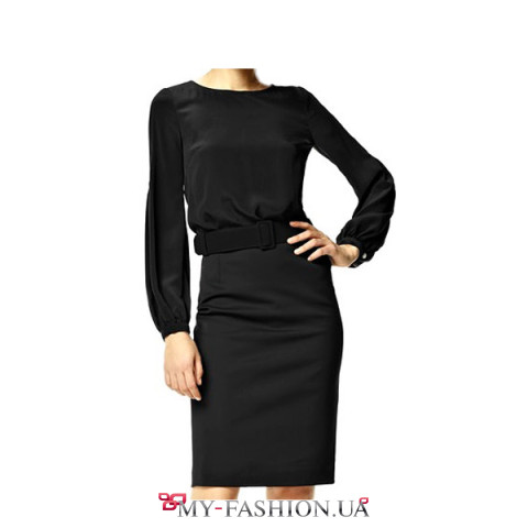 Комбинированное платье чёрного цвета с бархатным поясом