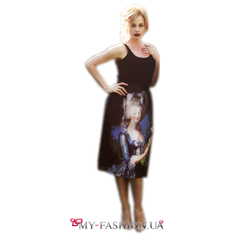 Чёрная юбка-миди с принтом "Мадам Помпадур"