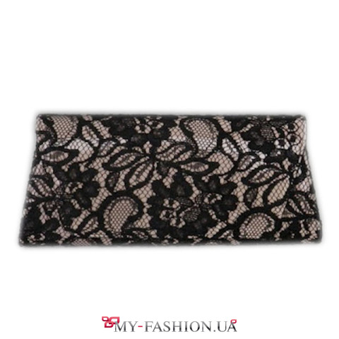 Стильный кожаный клатч обтянутый хлопковым черным кружевом