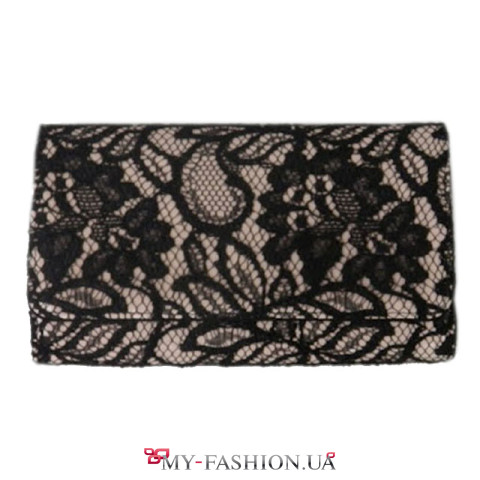 Модный кожаный клатч обтянутый кружевом высокого качества