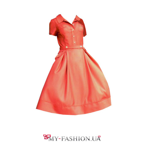 Красное платье средней длины с карманами