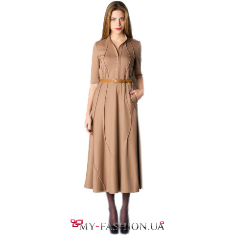 Дизайнерское длинное платье карамельного цвета