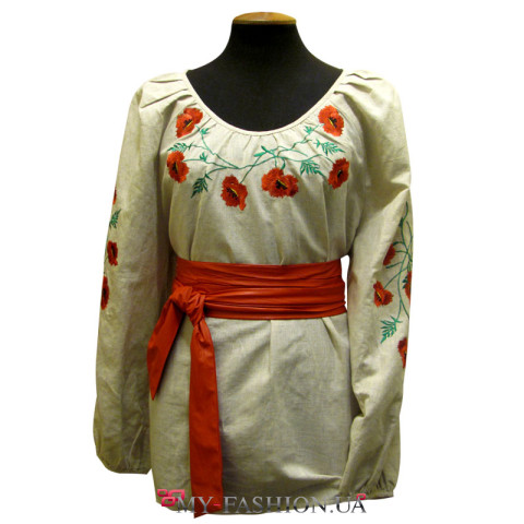 Льняная женская вышиванка с длинными рукавами