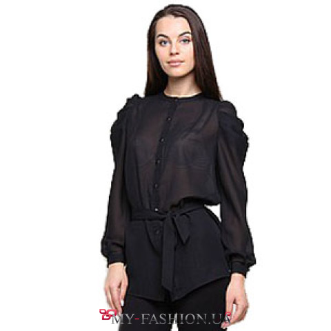 Черная шифоновая блуза с поясом Kostelni Черная шифоновая блуза с поясом Kostelni