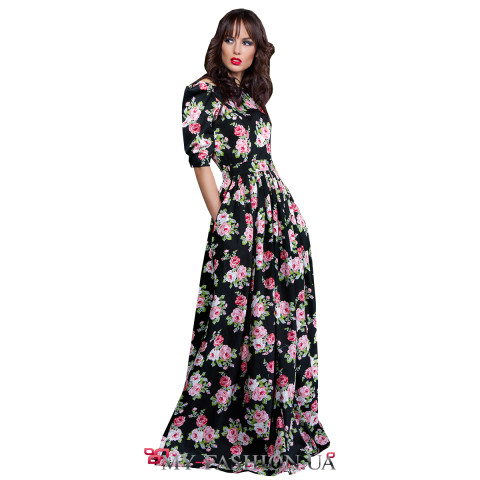 Шикарное длинное платье с крупными розами