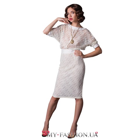 Белое платье-миди из романтичного гипюра