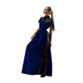 Синее длинное платье с декоративными вставками