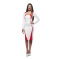 Стильное белое платье для офиса с красным декором