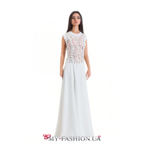 Белое вечернее платье с гипюровой полочкой