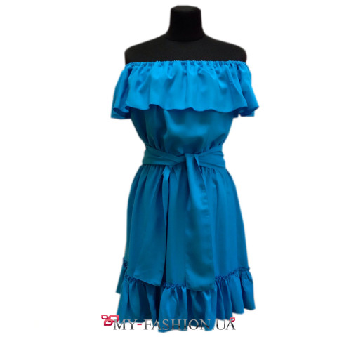 Бирюзовое платье без бретелек с воланом Бирюзовое платье без бретелек с воланом