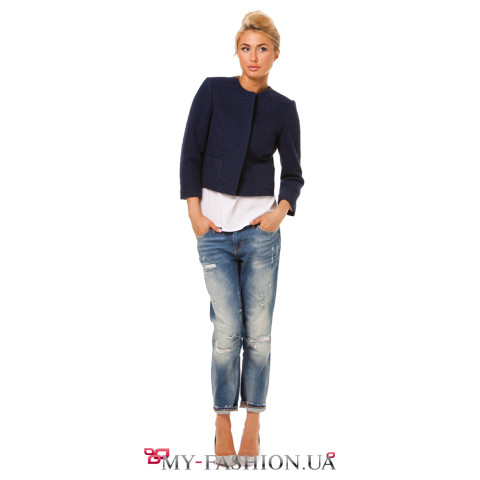 Женский шерстяной жакет синего цвета
