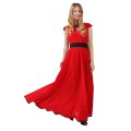 Длинное красное платье в мелкий чёрный горошек