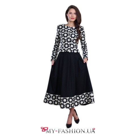 Чёрная широкая юбка с жаккардовой вставкой