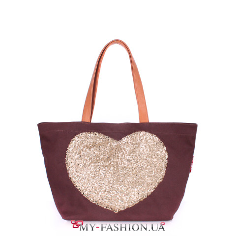 Коричневая молодёжная сумка с сердечком из пайеток