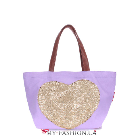 Сиреневая молодёжная сумка с сердечком из пайеток