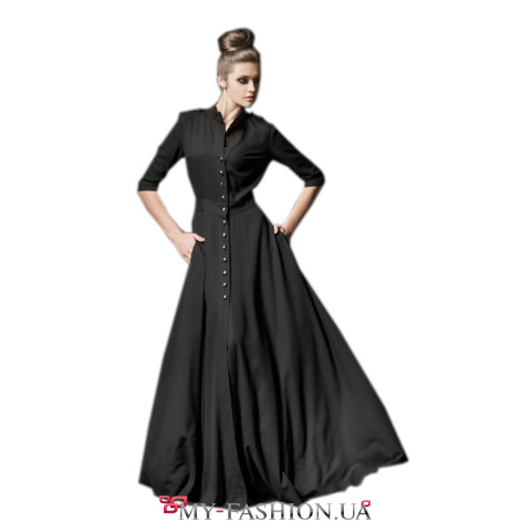 Длинное чёрное платье на пуговицах с карманами