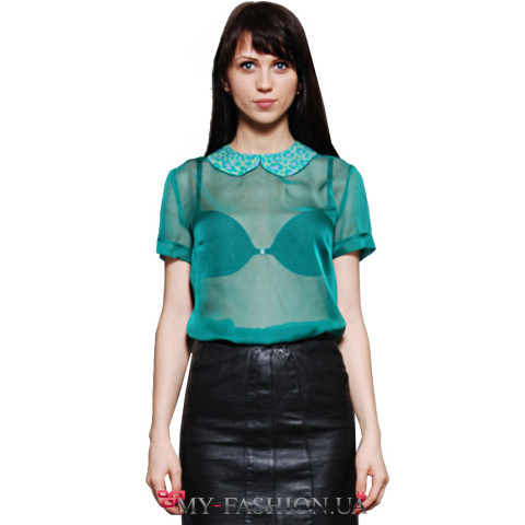Шёлковая изумрудная блуза с воротником