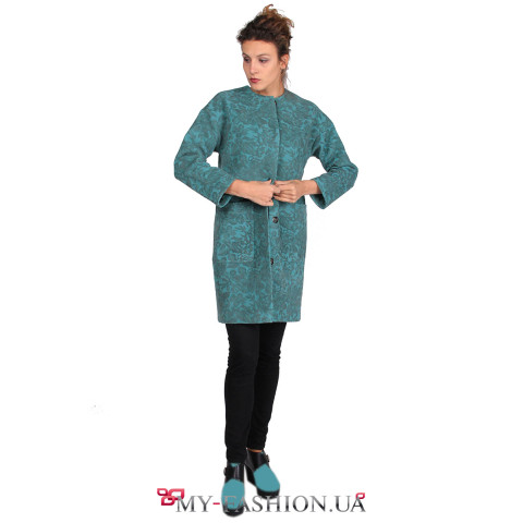 Красивое бирюзовое пальто из натуральной шерсти