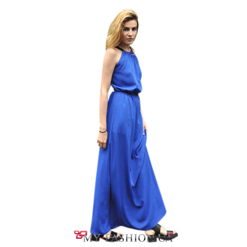 Синее платье в пол с замшевыми шлейками на спине