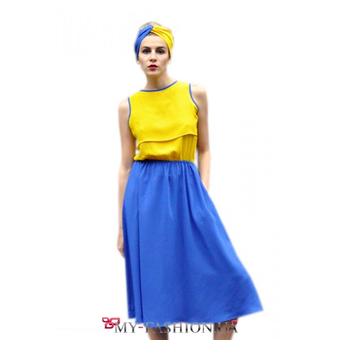 Жёлто-голубое шифоновое платье свободного кроя