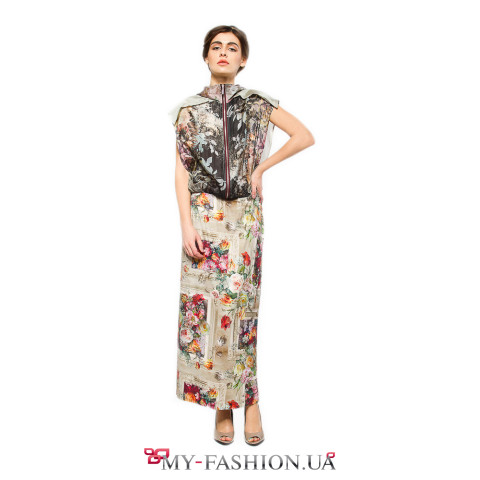 Пёстрое шёлковое платье с трикотажной юбкой