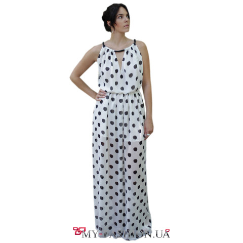 Длинный сарафан в крупный чёрный горошек