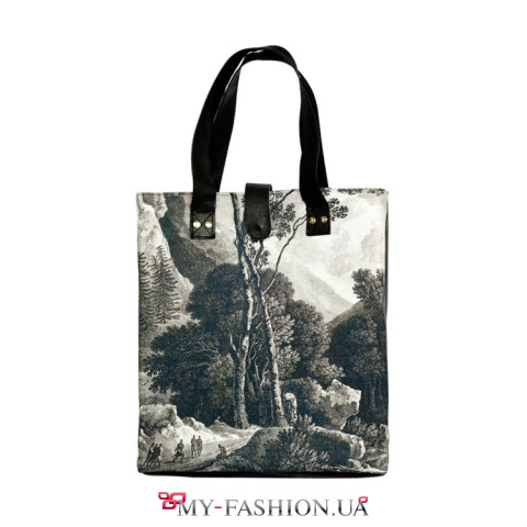 Сумка женская из черной кожи и принтованного коттона