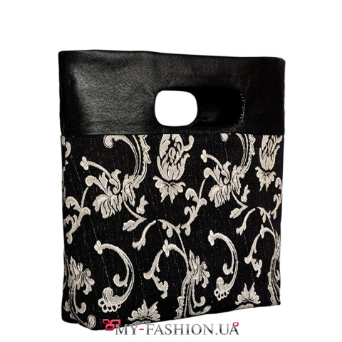 Черная женская сумка из кожи и текстиля с плетенным рисунком